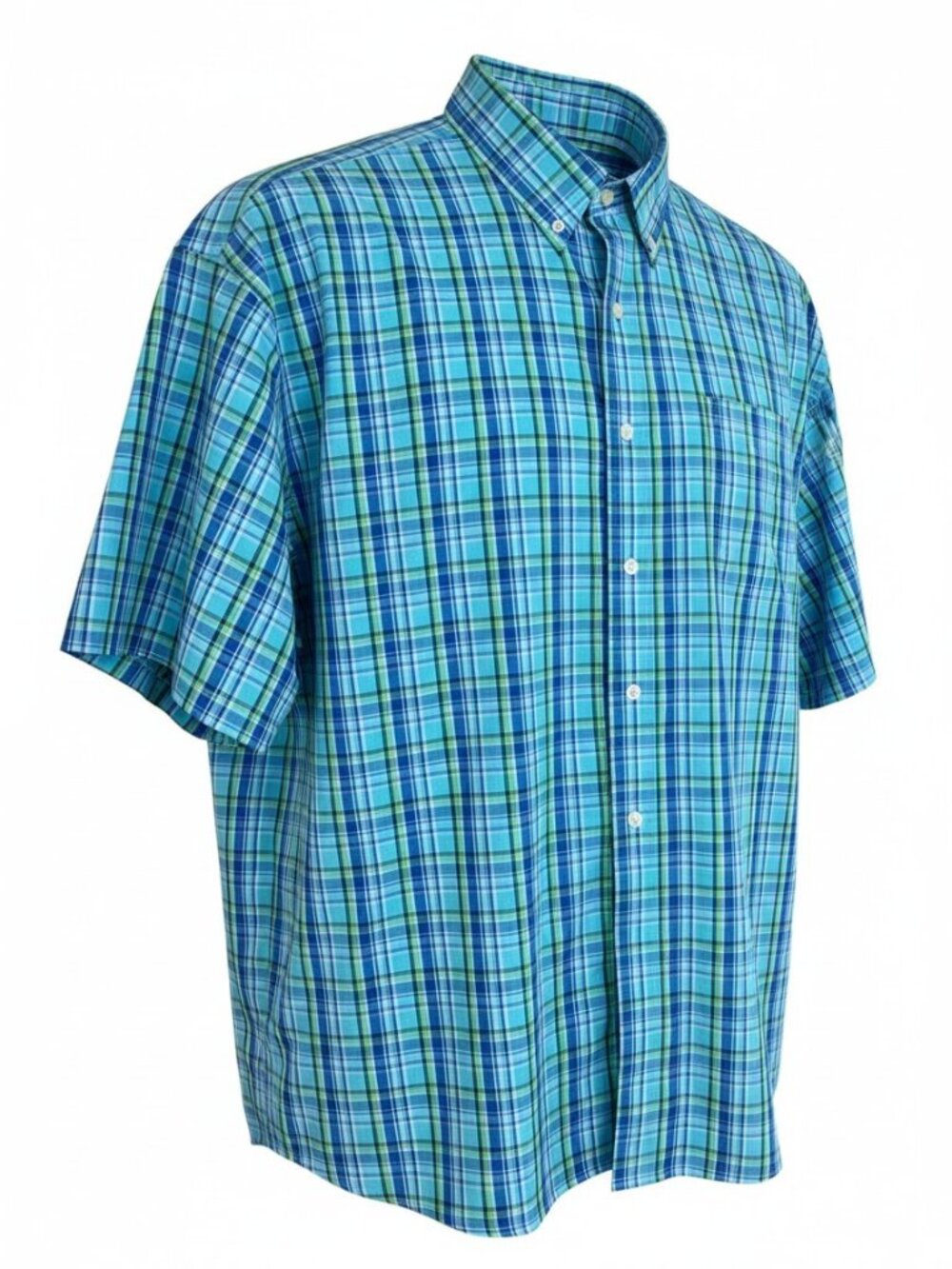 Chaps Easy Care Blue Plaid Short Sleeve Button Down Oxford‎ Shirt